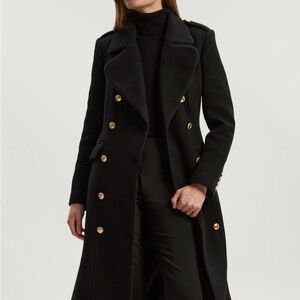 White House Black Market Black Double-Breasted Long Coat with Gold Buttons